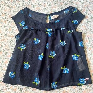 Hollister Navy and Blue Floral Top